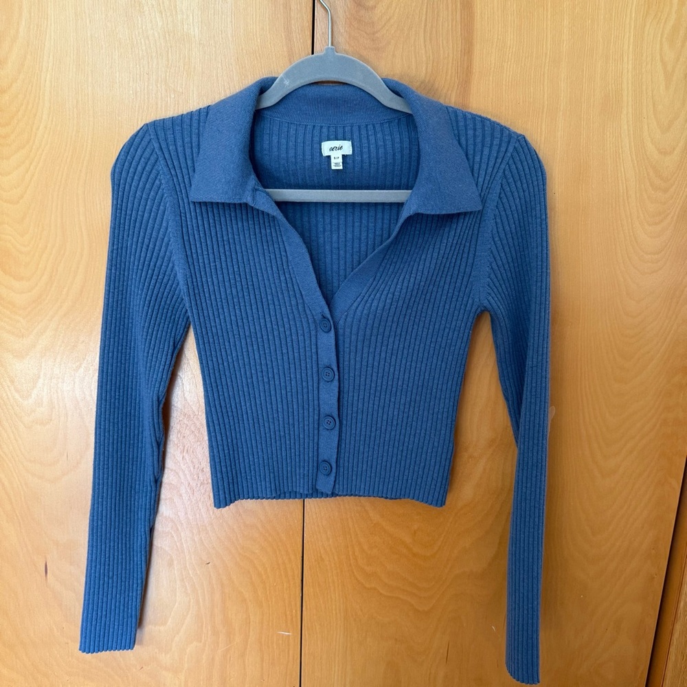 Aerie Blue Ribbed Long Sleeve Sweater Cardigan Top